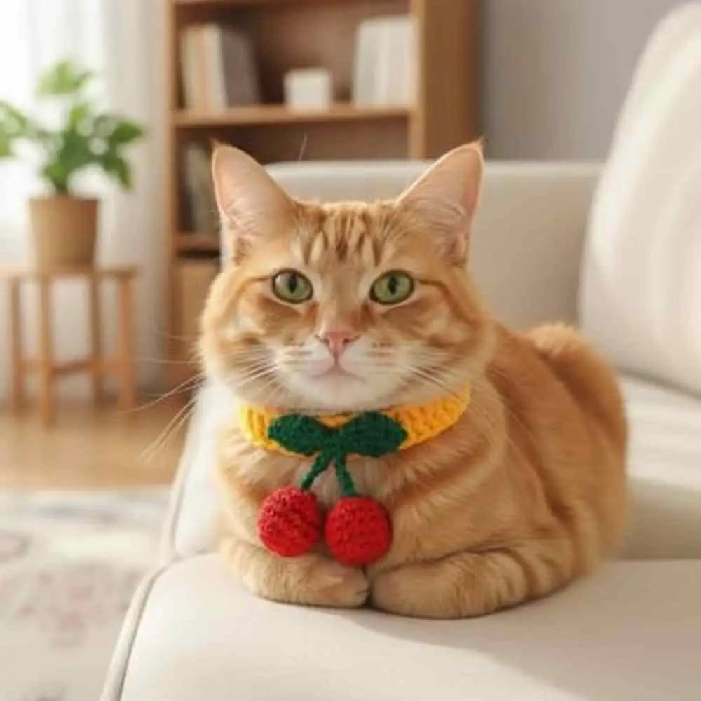 Collier pour chat en tricot orange, nœud vert et deux pompons rouges façon cerises.