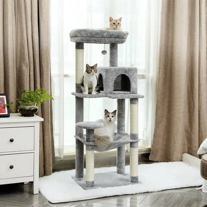 Arbre à chat compact multi-niveaux gris avec niche, hamac et plateformes sur poteaux à sisal