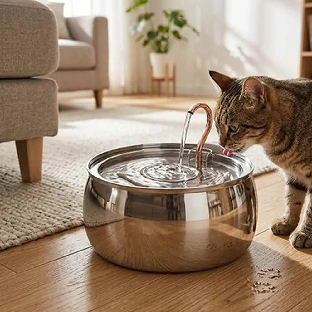 Fontaine à eau pour chat avec bassin inox brillant et bec cuivré diffuseur d’eau.