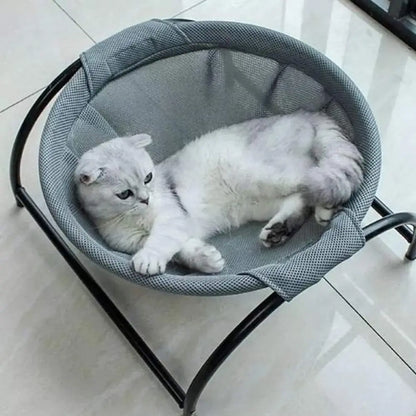 Hamac pour chat gris avec bord arrondi en tissu, structure noire, chat blanc couché