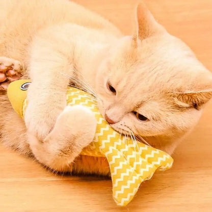 Jouet pour chat en peluche poisson jaune zigzag, tête avec yeux ronds