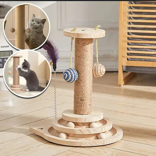 Arbre à chat en bois avec un poteau à griffer, plateforme et jouets à ficelle