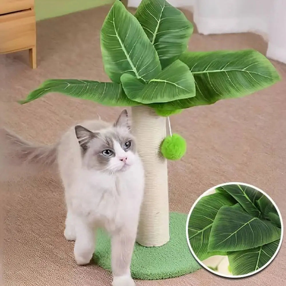 Griffoir pour chat FélinConfort avec poteau beige, base ronde verte et grandes feuilles vertes