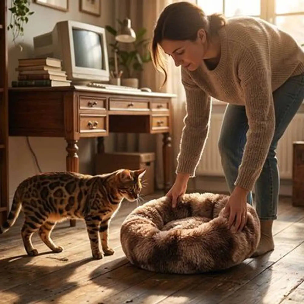 Coussin pour chat en peluche marron, grand lit rond à rebords épais