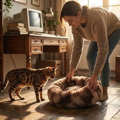 Coussin pour chat en peluche marron, grand lit rond à rebords épais
