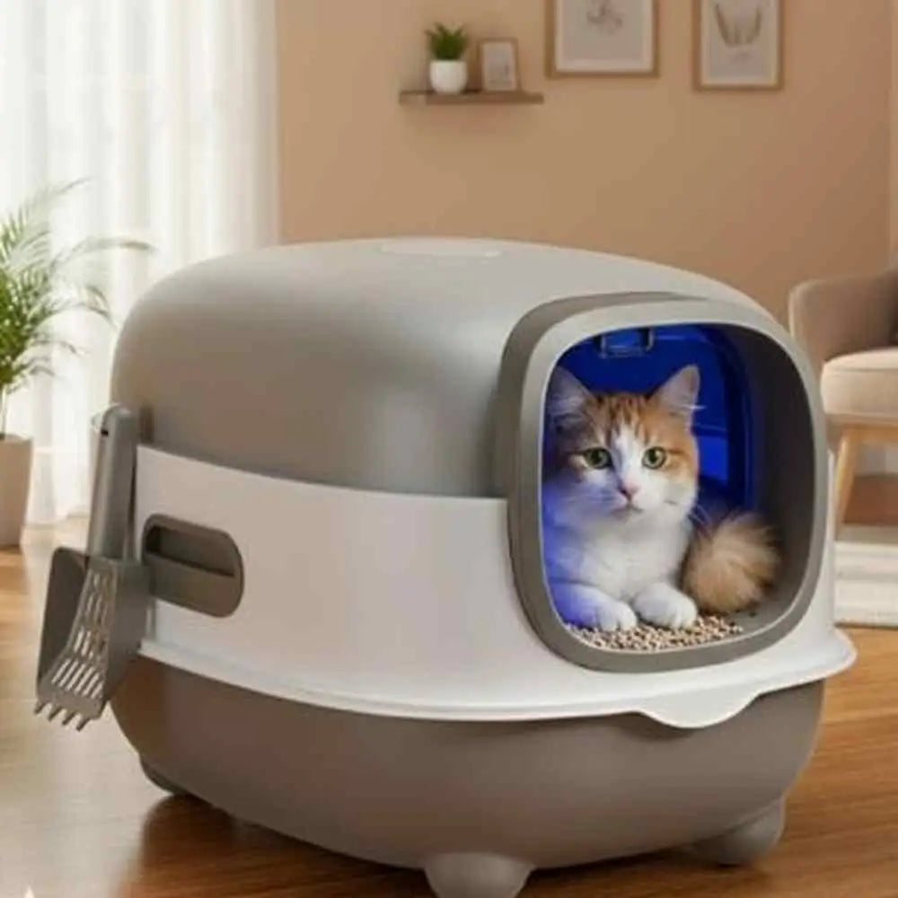 Bac à litière pour chat blanc, entrée ronde bleue, chat tigré à l’intérieur