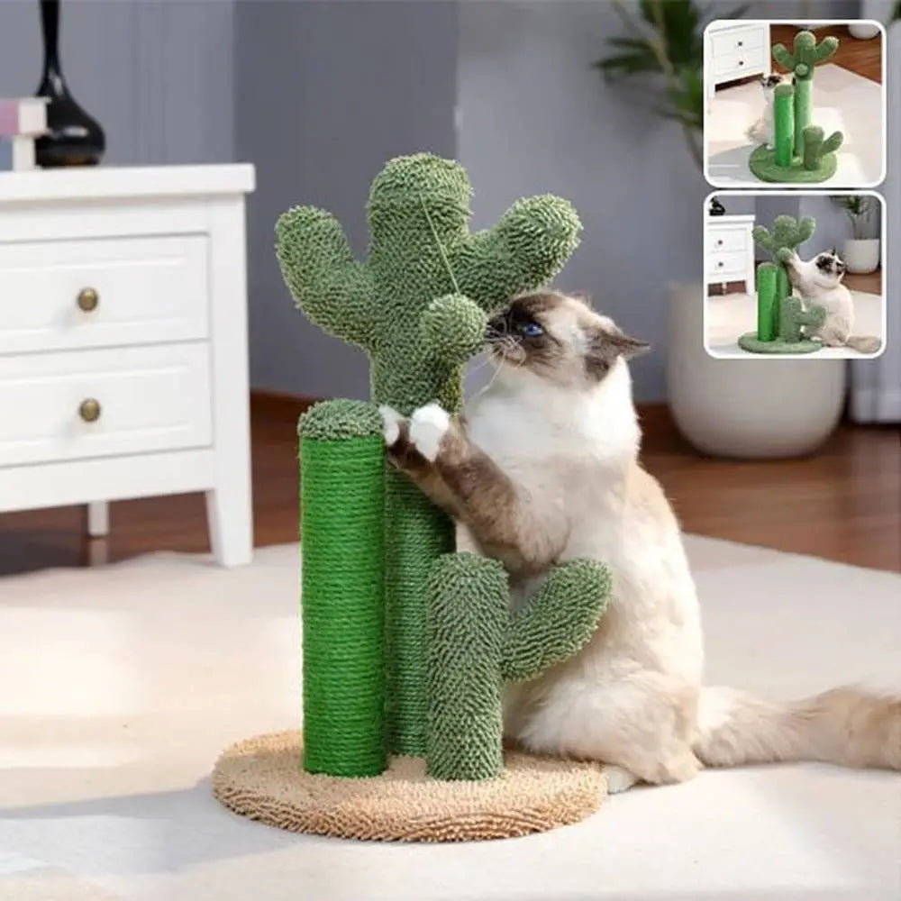 Griffoir à chat PawPerfect modern cactus vert, poteaux en corde sisal et base ronde.