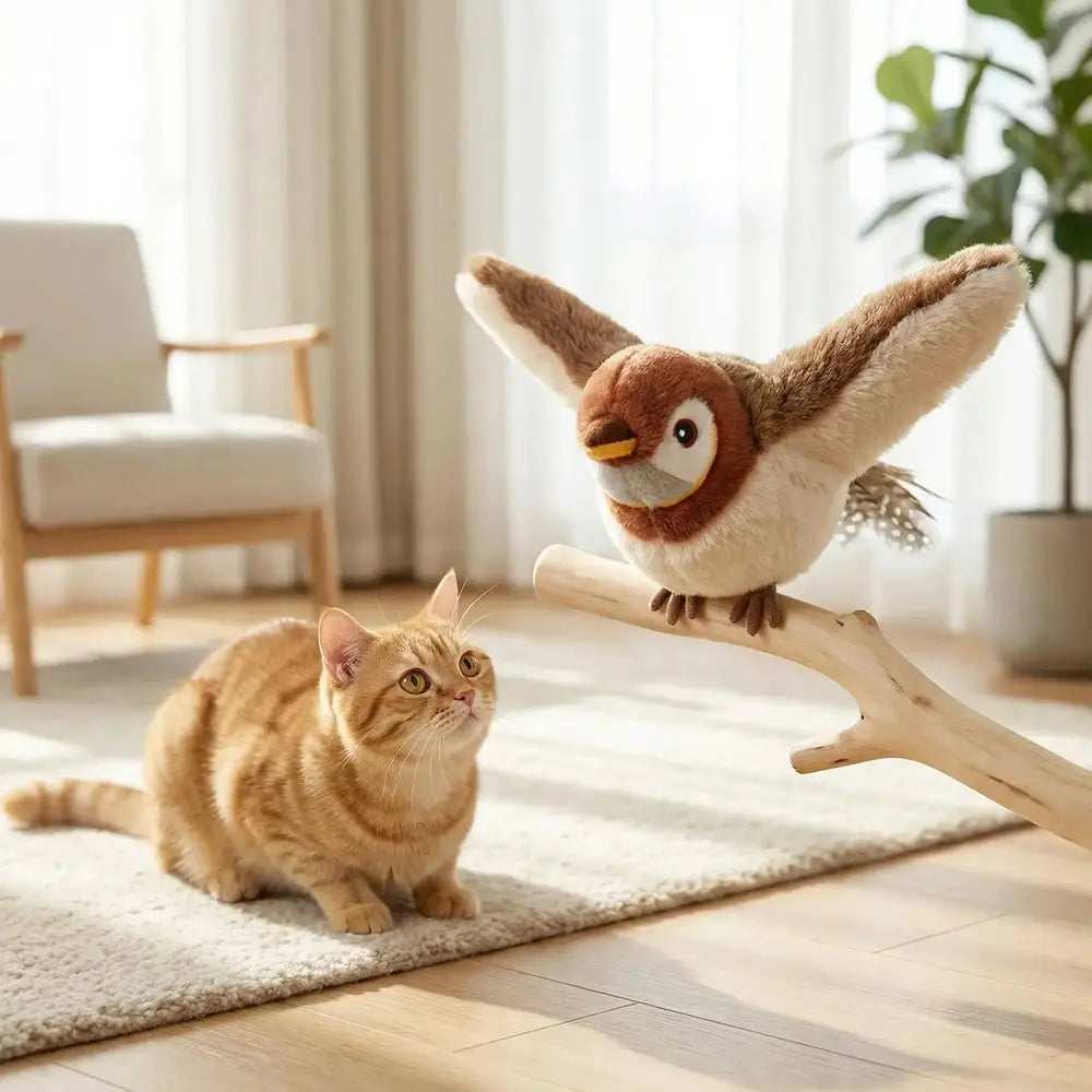 Jouet oiseau en peluche brun avec ailes et yeux ronds, pour chat
