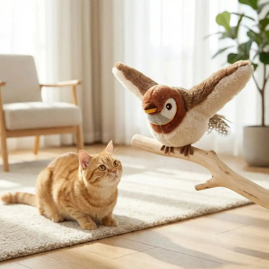 Jouet oiseau en peluche brun avec ailes et yeux ronds, pour chat