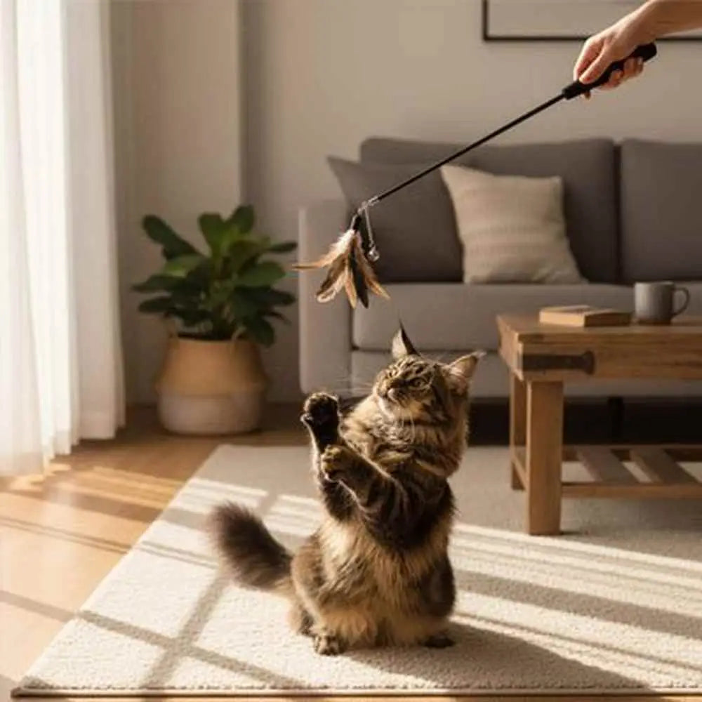 Canne à pêche pour chat, tige noire et plume au bout, chat assis sur tapis
