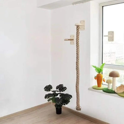 Arbre à chat mural en bois, poteau torsadé beige et accessoires en feuilles