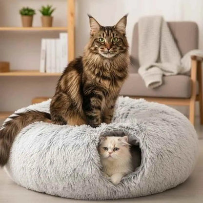 Jouet pour chat en peluche gris clair, coussin rond avec ouverture latérale