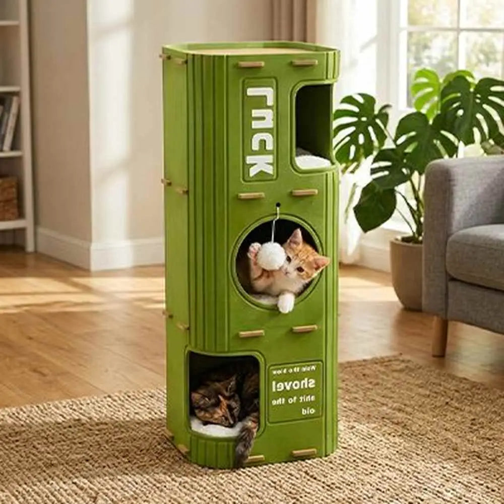 Niche pour chat verte avec fenêtre latérale ronde et ouverture basse