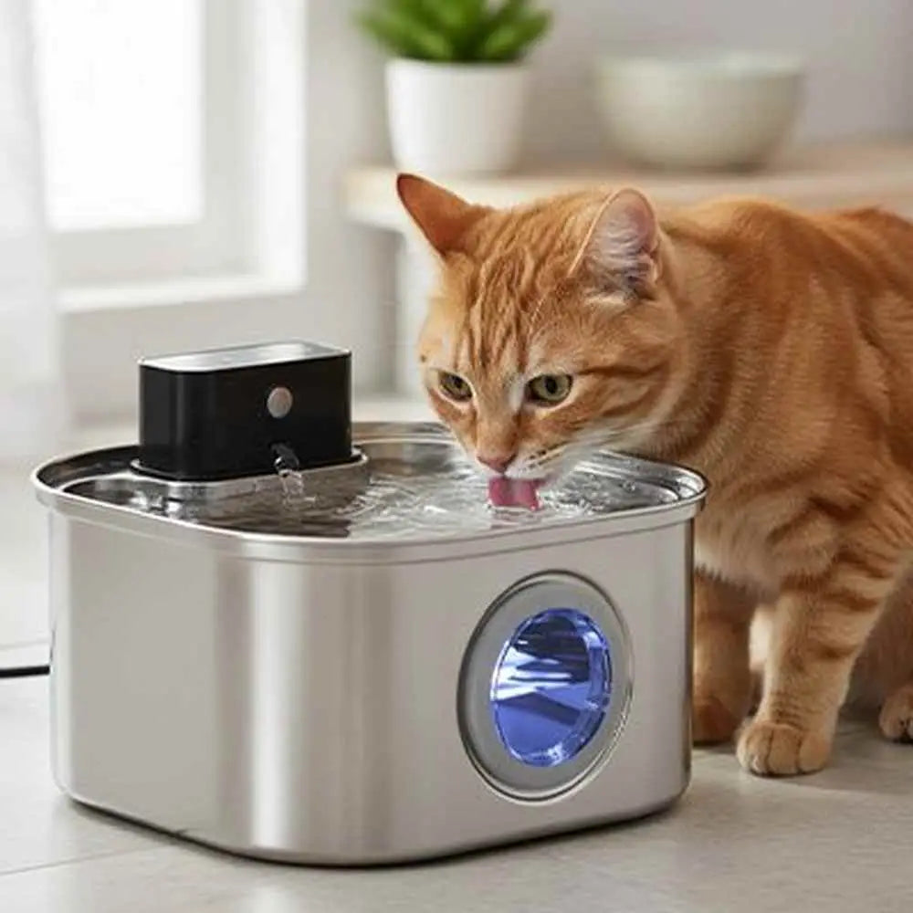 Fontaine à eau pour chat en acier inoxydable, éclairage bleu, chat roux buvant près du bec