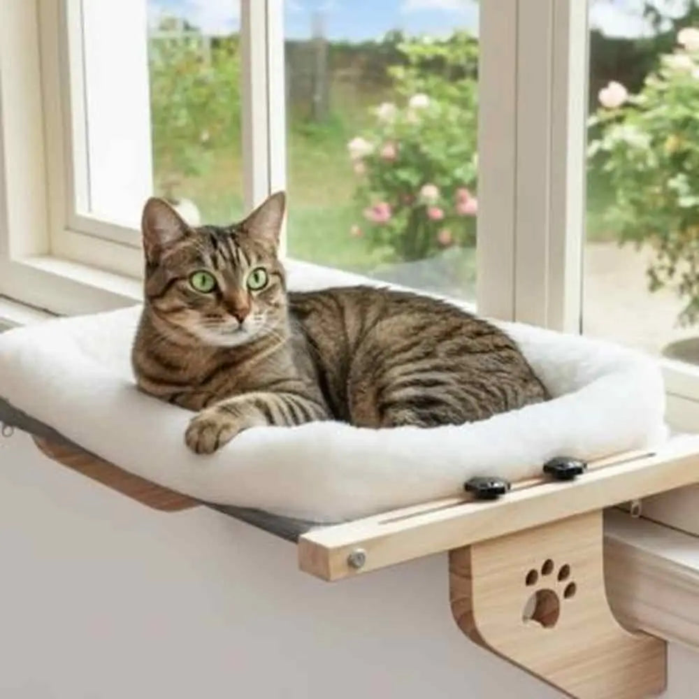 Hamac pour chat de fenêtre avec coussin blanc et cadre bois, chat tigré allongé.