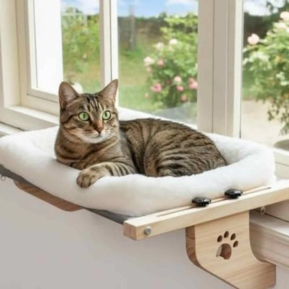 Hamac pour chat de fenêtre avec coussin blanc et cadre bois, chat tigré allongé.