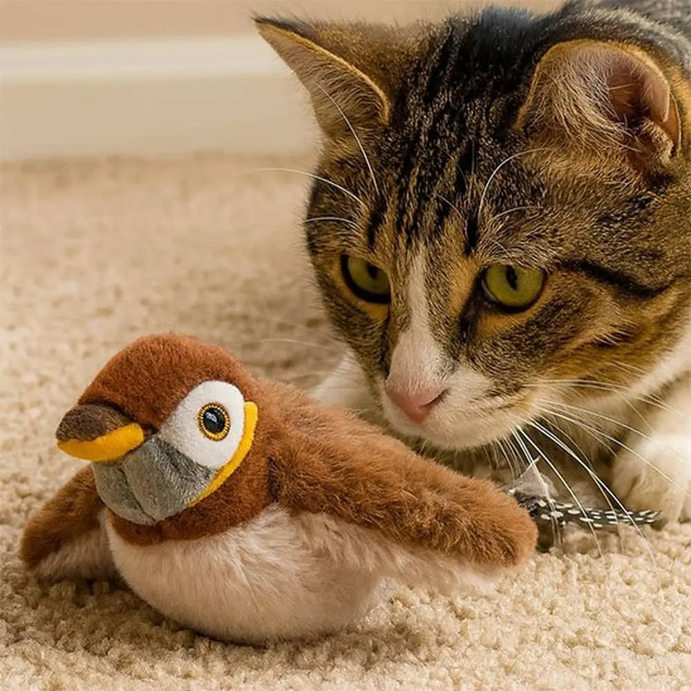 Jouet oiseau en peluche brun avec ailes beiges, yeux ronds et bec jaune