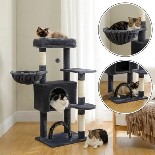 Arbre à chat compact multi-niveaux gris : plateformes, hamac, niche et poteaux à sisal