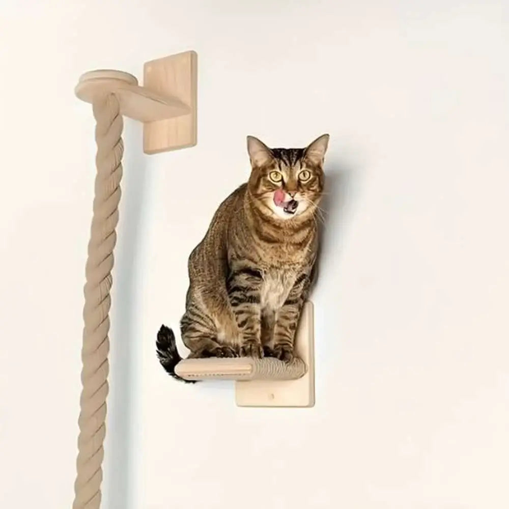 Arbre à chat mural en bois, plateau beige sur poteau torsadé
