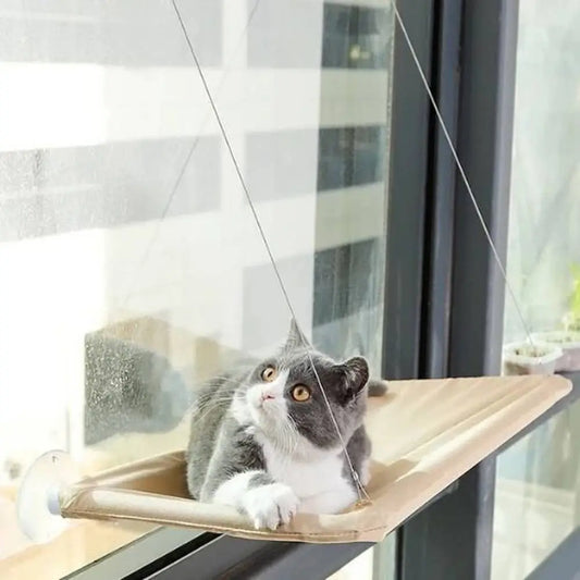 Hamac suspendu pour chat beige, tissu rembourré, avec chat gris couché