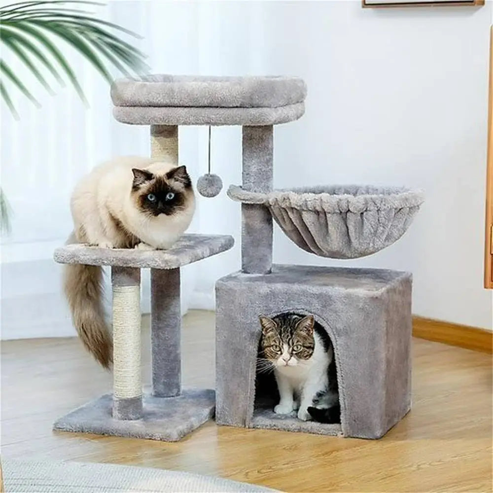 Arbre à chat compact gris avec plateforme supérieure, tunnel et hamac latéral