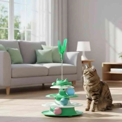 Jeu interactif chat Stimu-Félin vert, plume suspendue et boules sur plateau