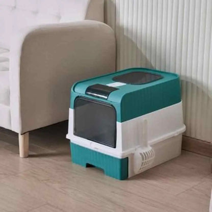 Bac à litière chat vertical anti-odeurs turquoise et blanc, entrée latérale.
