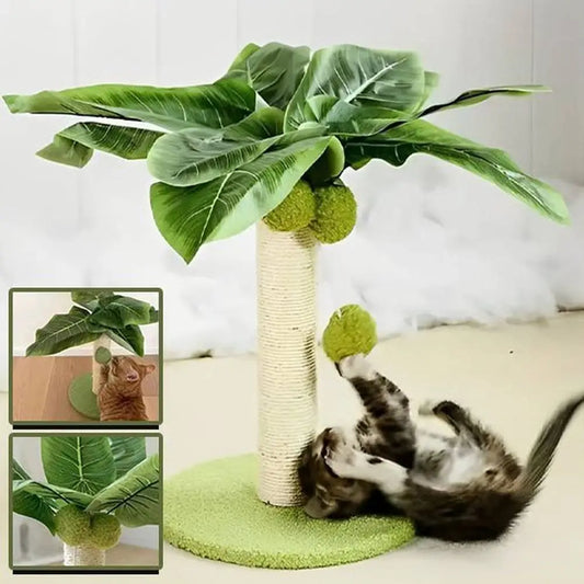 Griffoir pour chat FélinConfort avec poteau beige en sisal, base ronde verte et feuilles
