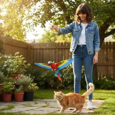 Jouet pour chat en forme d’oiseau multicolore bleu, rouge et vert