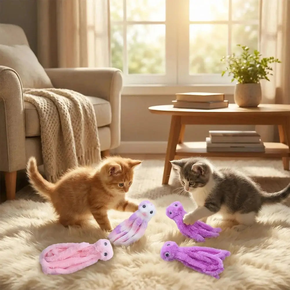Peluche pieuvre interactive violette et rose, allongée près d’un chat orange