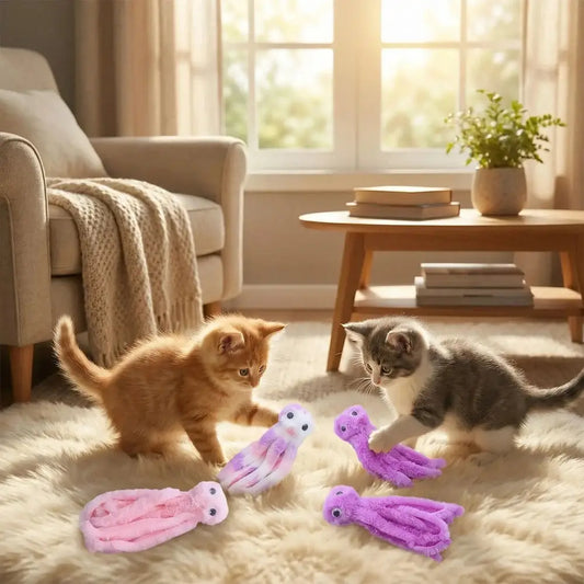 Peluche pieuvre interactive violette et rose, allongée près d’un chat orange