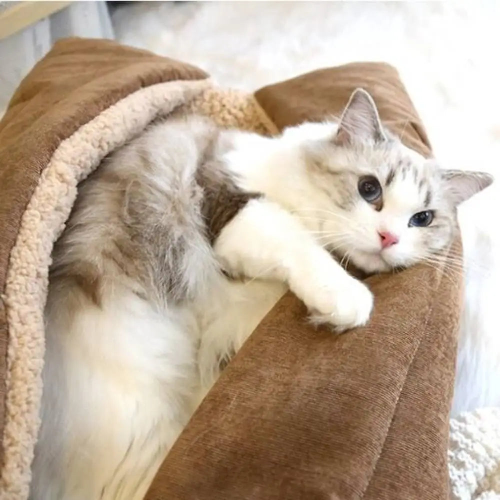Panier pour chat CozyNest en tissu marron avec bordure en fausse fourrure beige