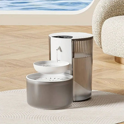 Fontaine à eau pour chat blanche et grise, bol bas et bec de circulation d’eau