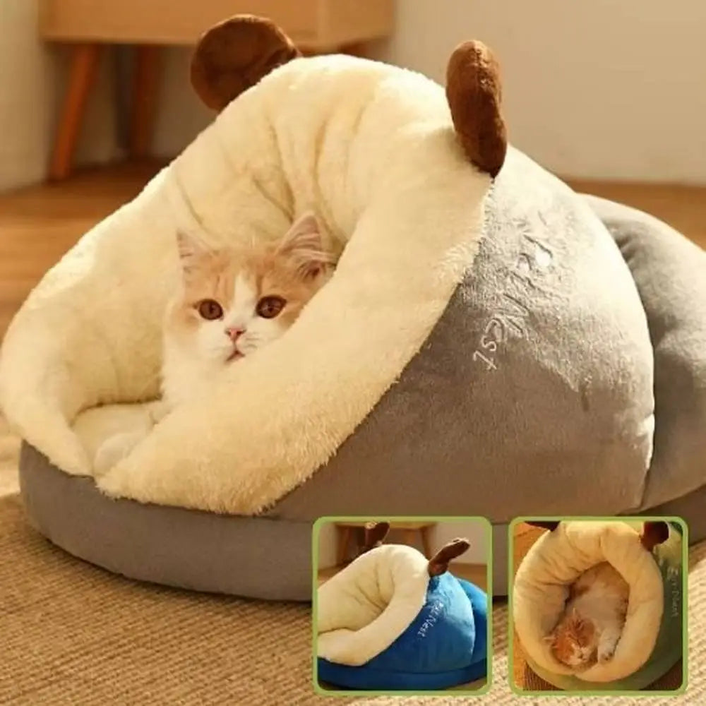 Panier pour chat cocon douillet beige et gris, coussin intérieur capitonné.
