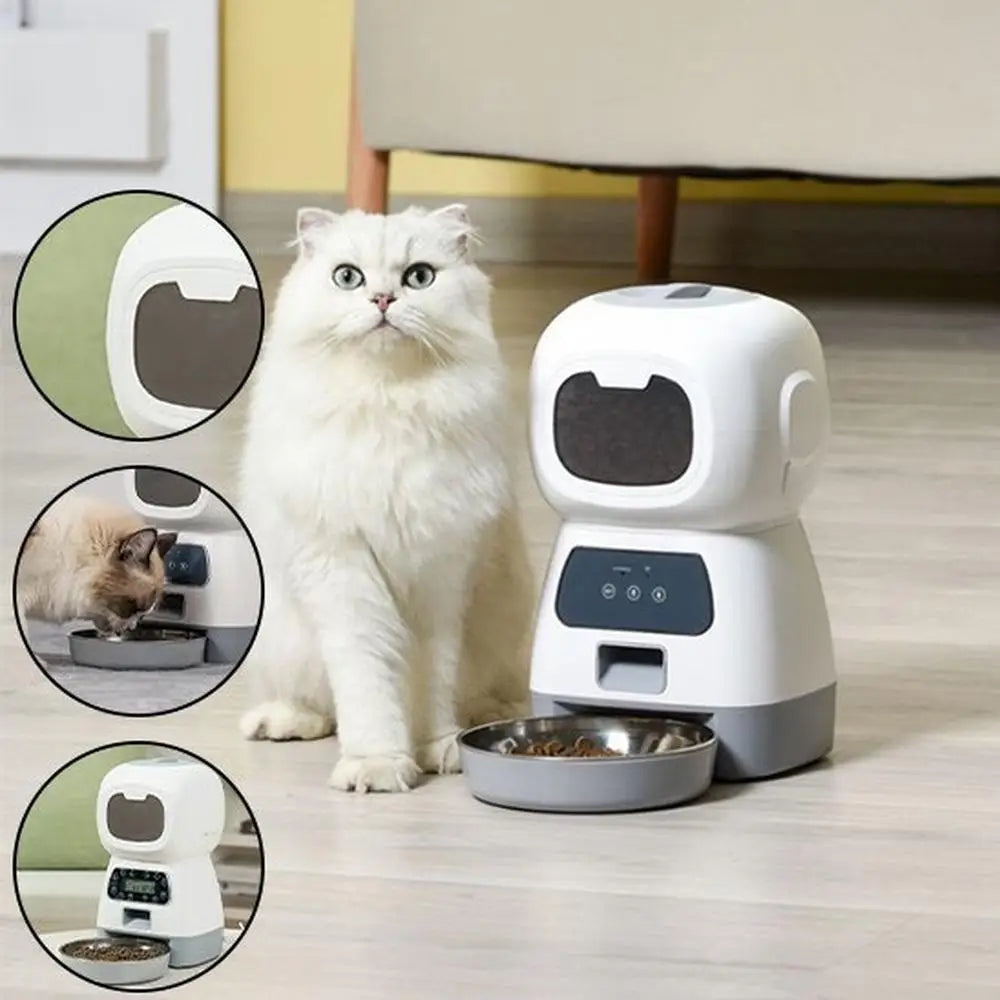 Distributeur automatique de croquettes pour chat blanc avec panneau de contrôle bleu et bol.