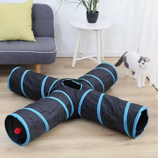 Tunnel pour chat noir à rayures bleu, forme en X, chat près d’une entrée