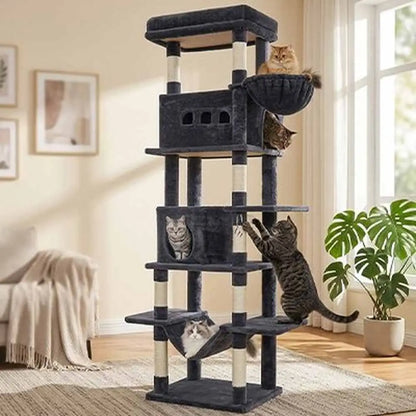 Arbre à chat XXL noir et blanc, cabane à trous, hamac et plateformes superposées