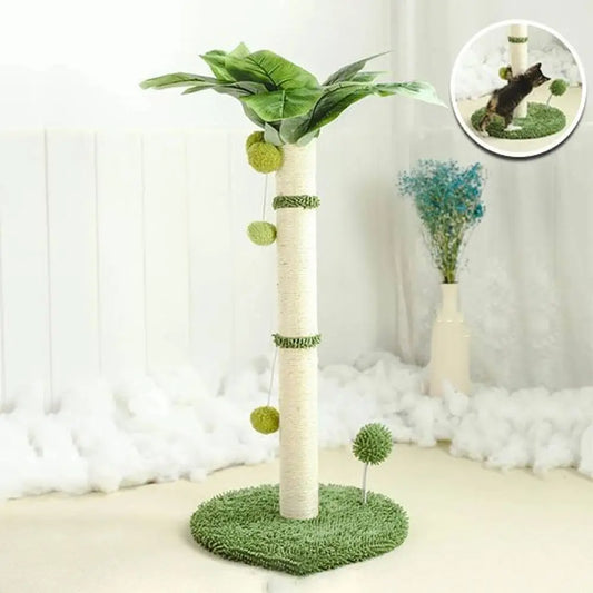 Griffoir pour chat sur poteau crème avec base verte et feuillage vert