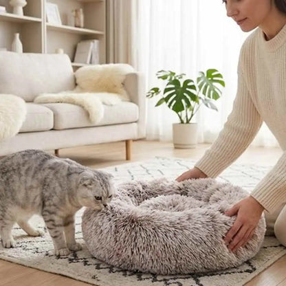 Coussin pour chat en peluche gris clair, forme ovale avec bordure épaisse