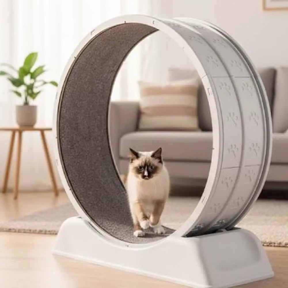Jeu interactif pour chat, tapis roulant à roue : chat tigré dans la cabine ronde
