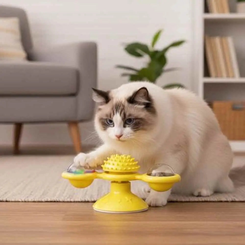 Moulin à vent pour chat, jouet jaune à pics ronds et deux coupelles latérales
