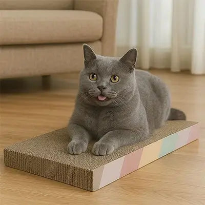 Griffoir pour chat PawComfort rectangulaire, chat gris assis sur le dessus