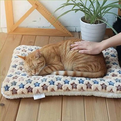 Tapis pour chat antidérapant rectangulaire beige à motifs étoiles bleues, coussin
