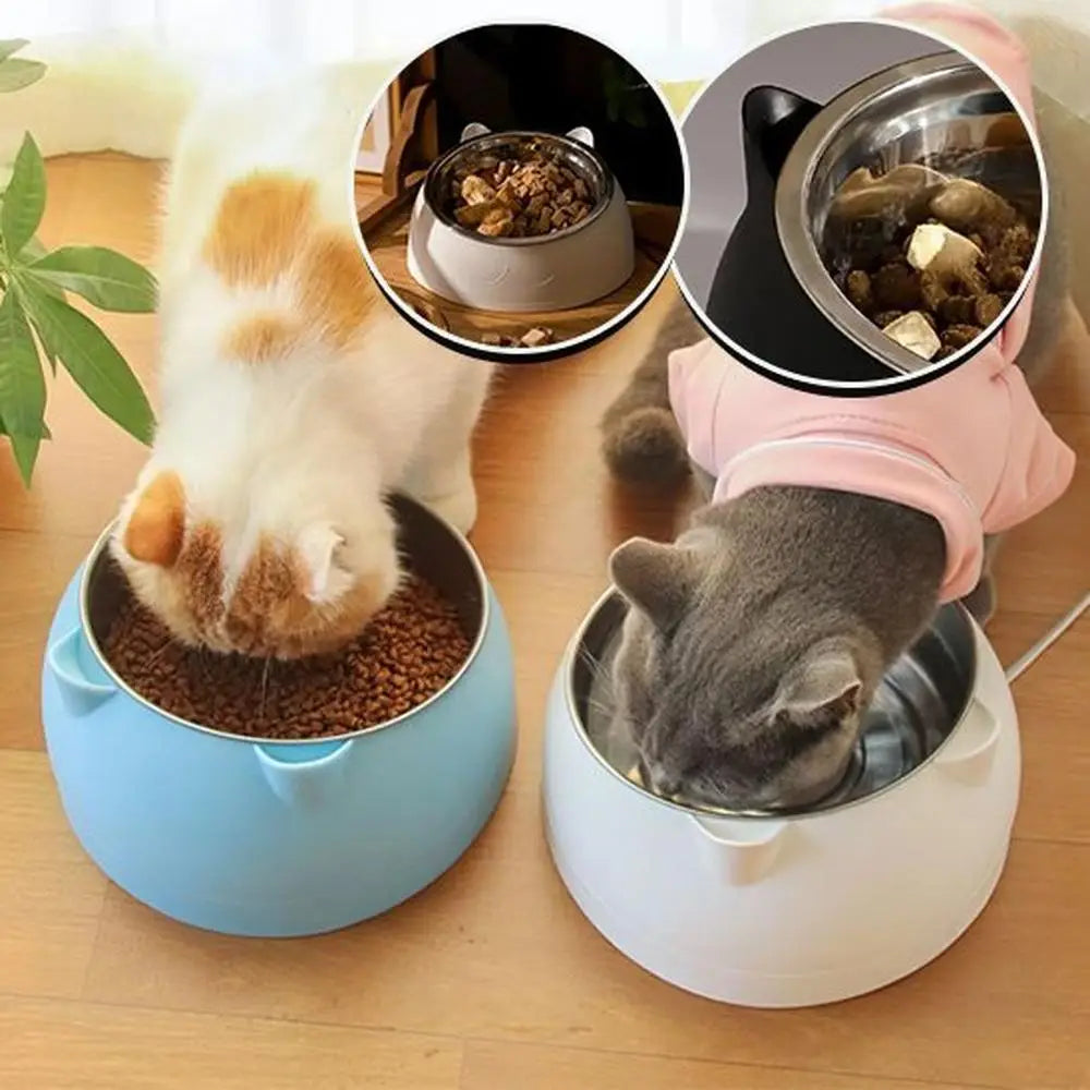 Gamelles pour chat ergonomiques : base bleu ciel et base blanche avec bols en acier.