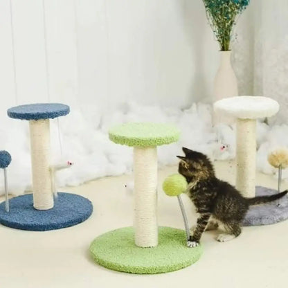 Griffoir pour chat ProtectoFelin avec plateformes vertes et bleues, poteau en sisal