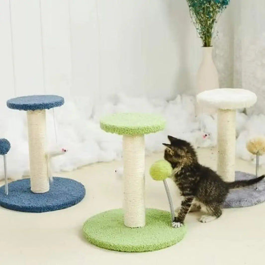 Griffoir pour chat ProtectoFelin avec plateformes vertes et bleues, poteau en sisal