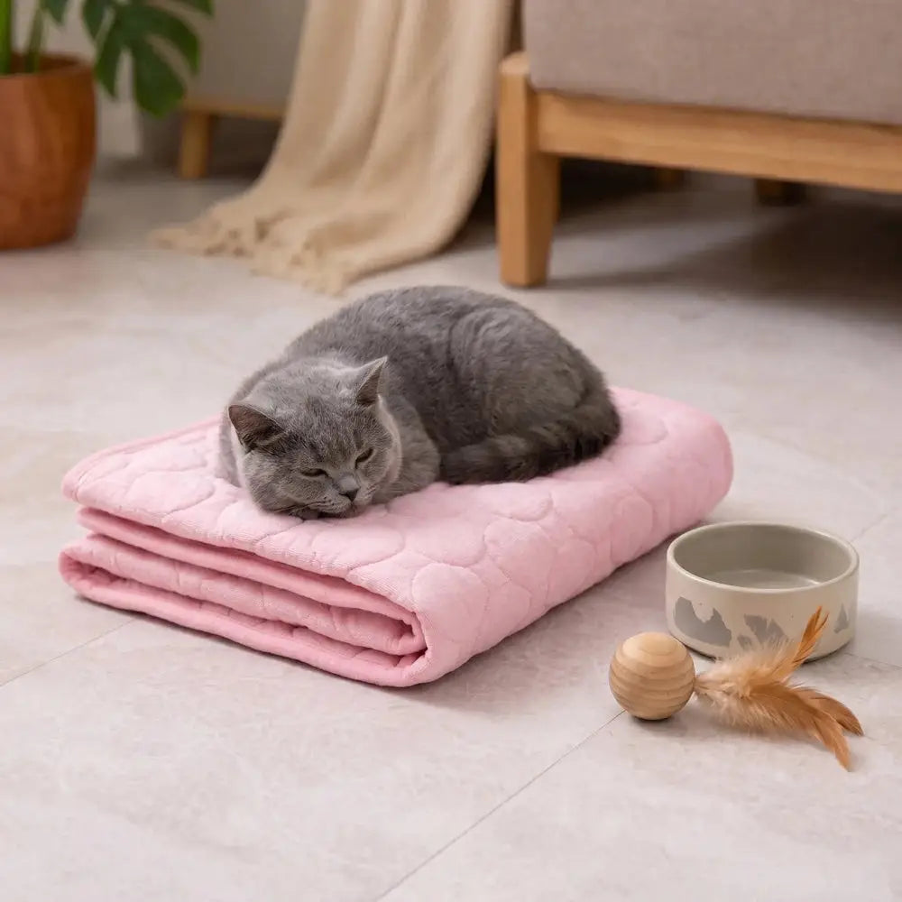 Tapis rafraîchissant pour chat rose clair, motif matelassé en relief, bordure fine.