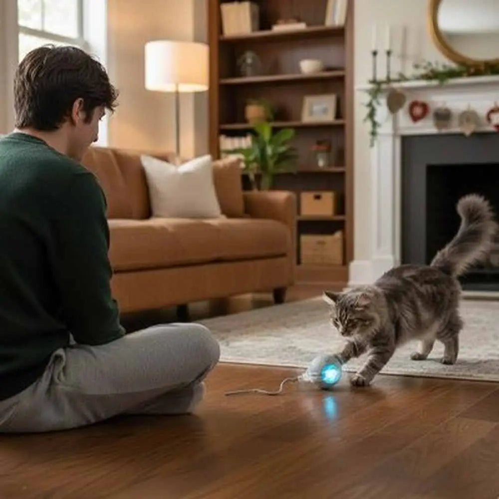 Balle interactive FélinJoy à lumière bleue, chat gris jouant sur sol en bois
