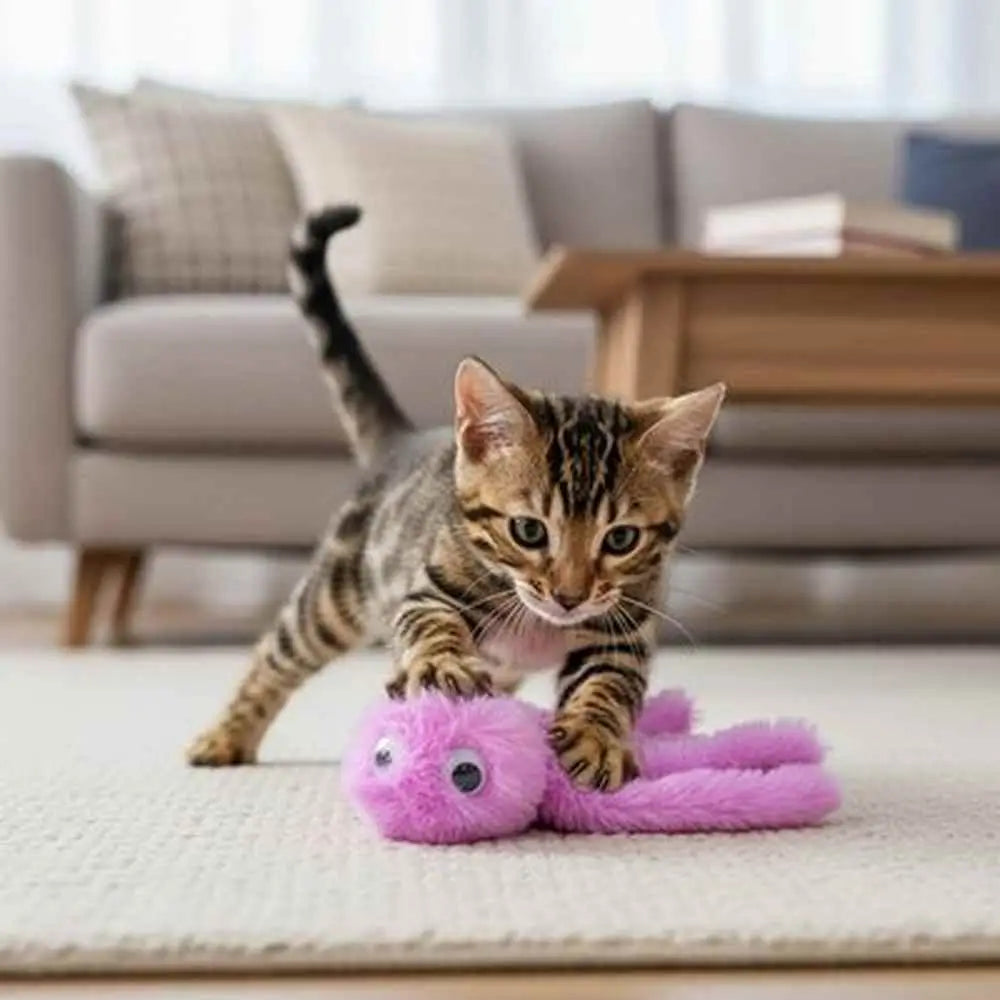 Peluche pieuvre interactive violette, près d’un chat tigré sur un tapis