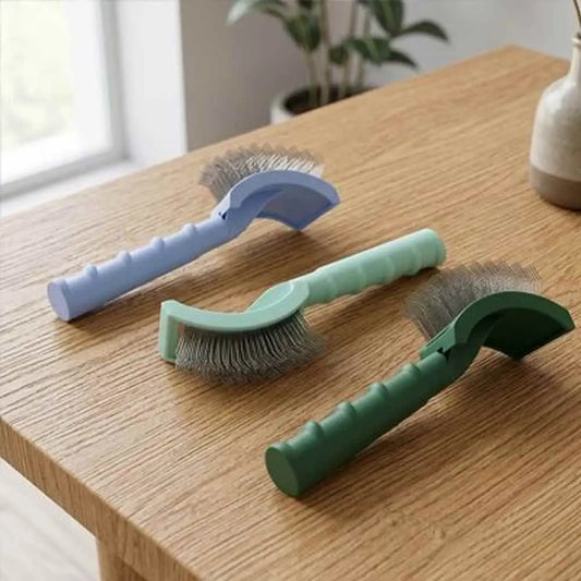 Brosse pour chat à poils longs anti-nœuds, poignée vert et bleu, tête à picots